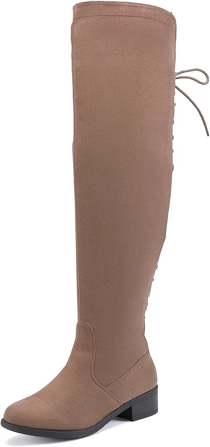 EETTARO Women's Over The Knee Boot Fashion Lace Up Tight High Boots Side Zip Block Heel Riding Booties