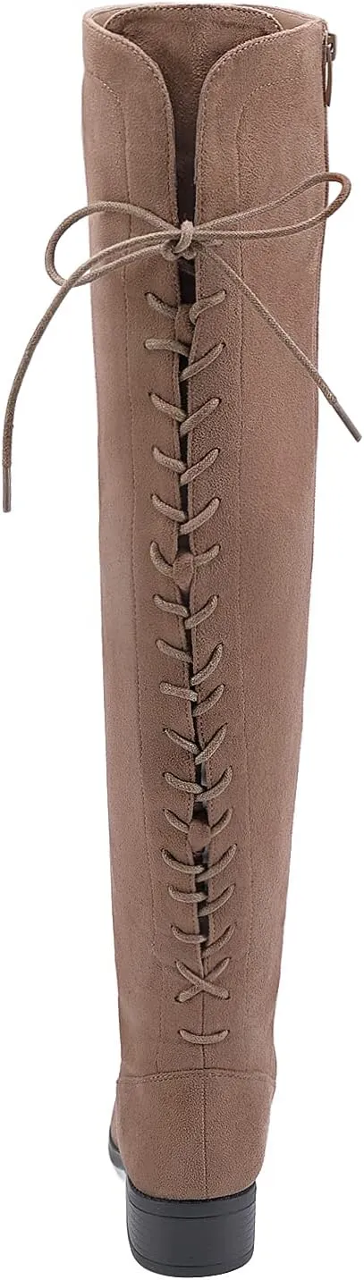 EETTARO Women's Over The Knee Boot Fashion Lace Up Tight High Boots Side Zip Block Heel Riding Booties