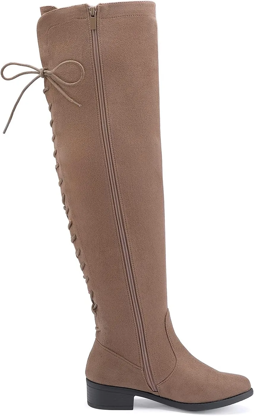 EETTARO Women's Over The Knee Boot Fashion Lace Up Tight High Boots Side Zip Block Heel Riding Booties