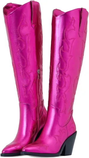 Erocalli Cowboy Boots for Women Cowgirl Knee High Boots Metallic Pull On Almond Toe Boots Embroidered Side Half Zip Western Boots