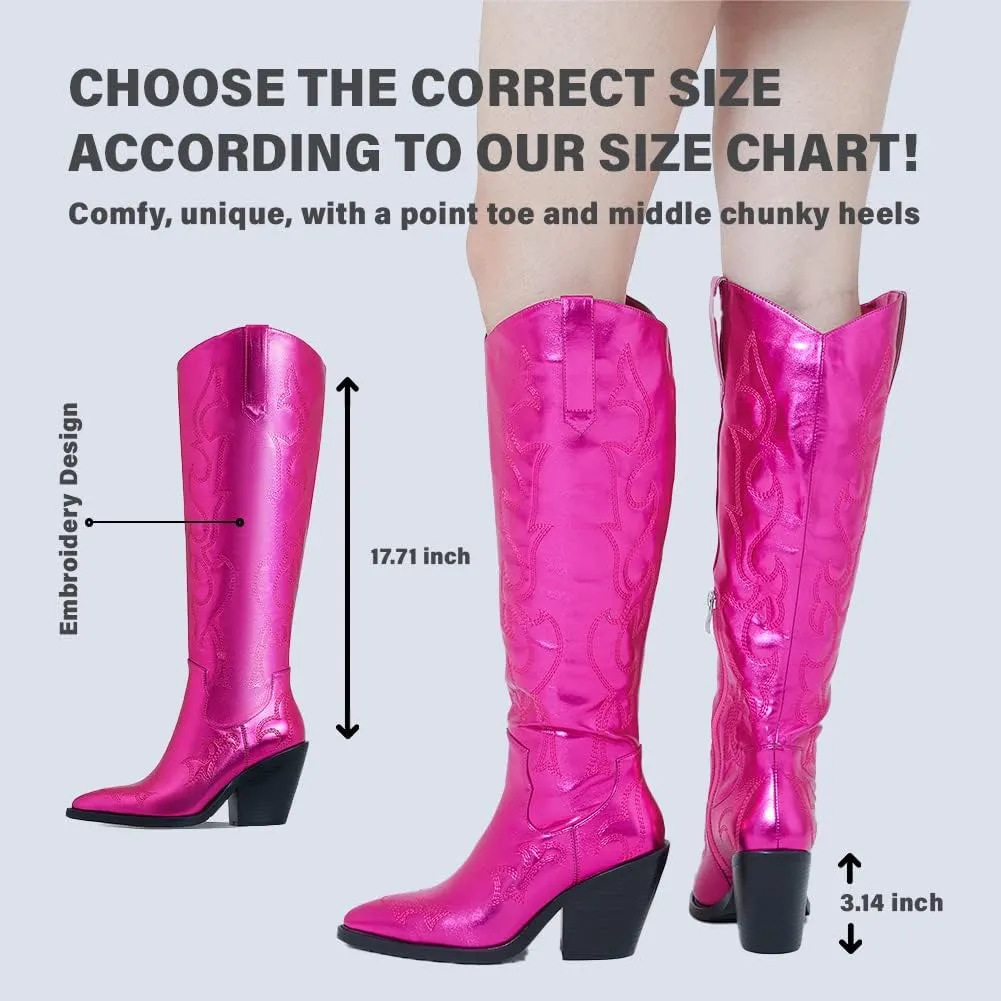 Erocalli Cowboy Boots for Women Cowgirl Knee High Boots Metallic Pull On Almond Toe Boots Embroidered Side Half Zip Western Boots