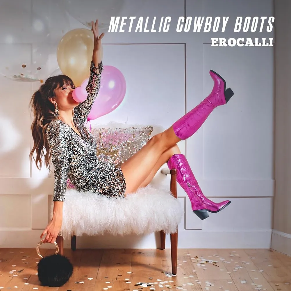 Erocalli Cowboy Boots for Women Cowgirl Knee High Boots Metallic Pull On Almond Toe Boots Embroidered Side Half Zip Western Boots