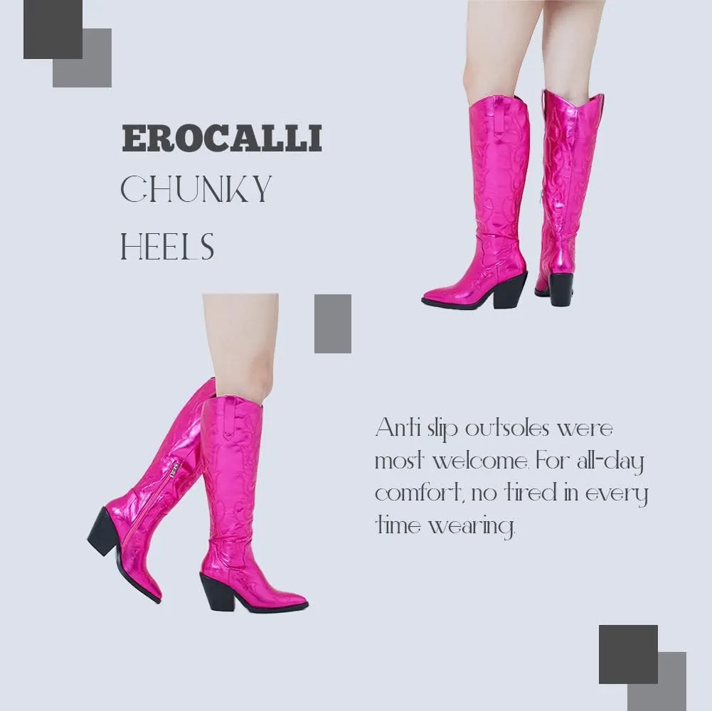 Erocalli Cowboy Boots for Women Cowgirl Knee High Boots Metallic Pull On Almond Toe Boots Embroidered Side Half Zip Western Boots