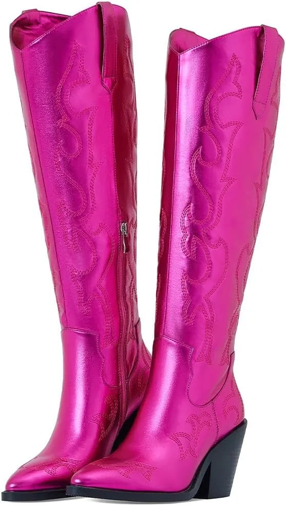 Erocalli Cowboy Boots for Women Cowgirl Knee High Boots Metallic Pull On Almond Toe Boots Embroidered Side Half Zip Western Boots