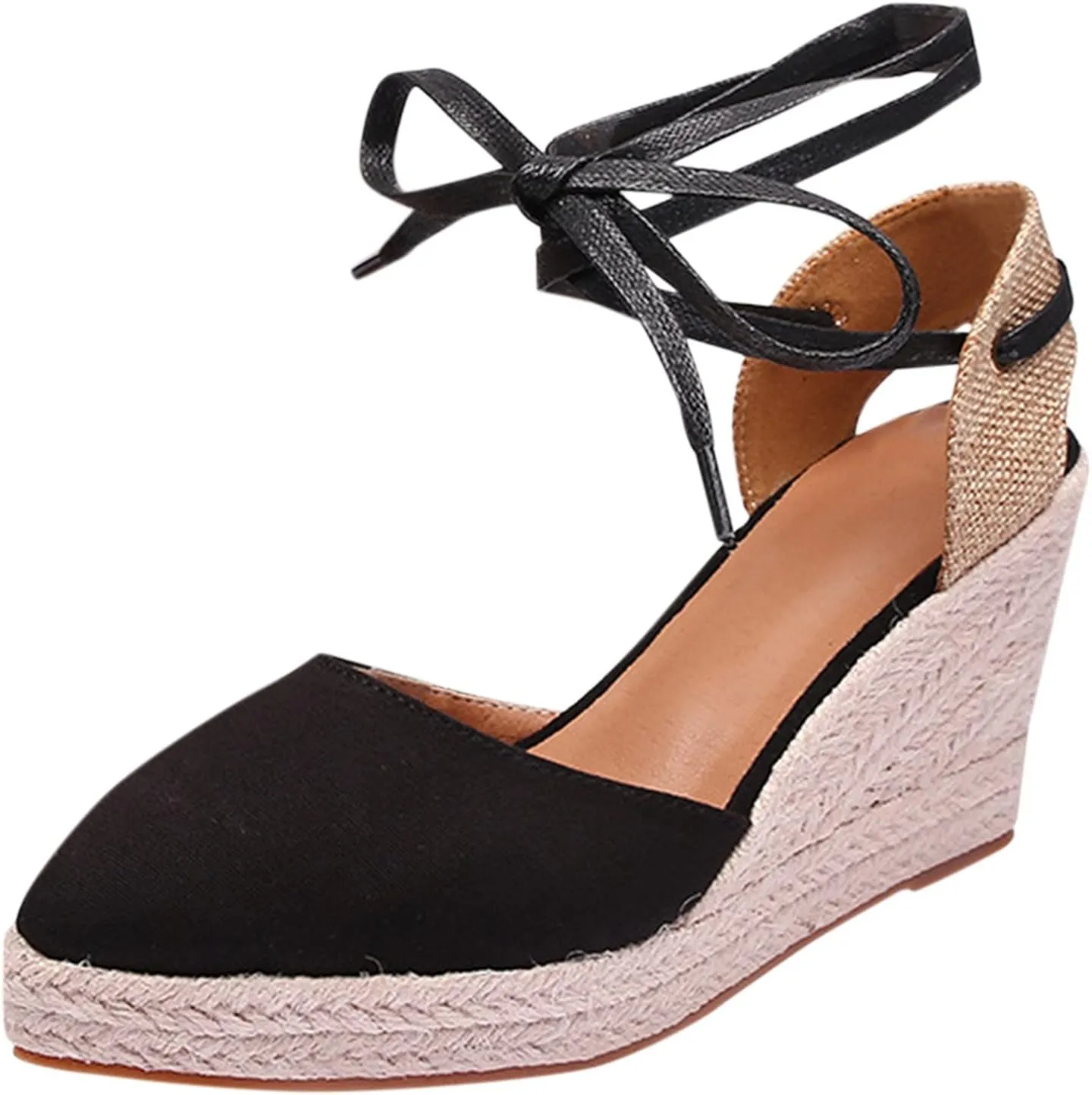 Espadrille Wedge Sandals for Women Lace Up Closed Toe Ankle Strap Nude Platform Sandals Wide Width Braided Lightweight Non-Slip Vintage Summer Sandals
