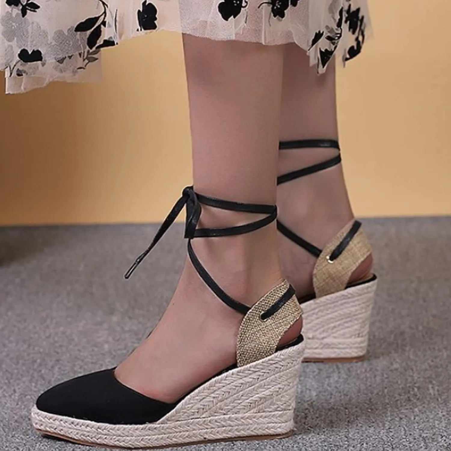 Espadrille Wedge Sandals for Women Lace Up Closed Toe Ankle Strap Nude Platform Sandals Wide Width Braided Lightweight Non-Slip Vintage Summer Sandals