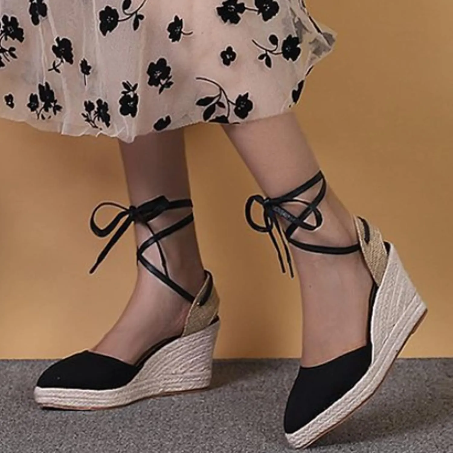 Espadrille Wedge Sandals for Women Lace Up Closed Toe Ankle Strap Nude Platform Sandals Wide Width Braided Lightweight Non-Slip Vintage Summer Sandals