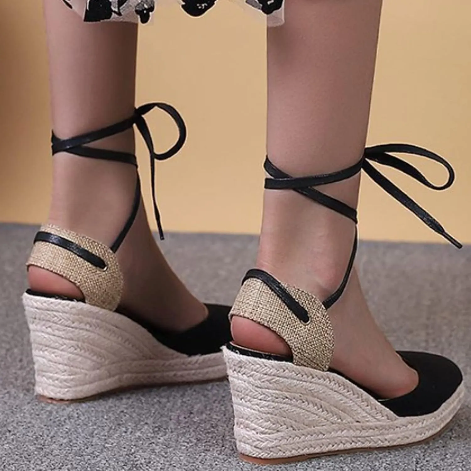 Espadrille Wedge Sandals for Women Lace Up Closed Toe Ankle Strap Nude Platform Sandals Wide Width Braided Lightweight Non-Slip Vintage Summer Sandals