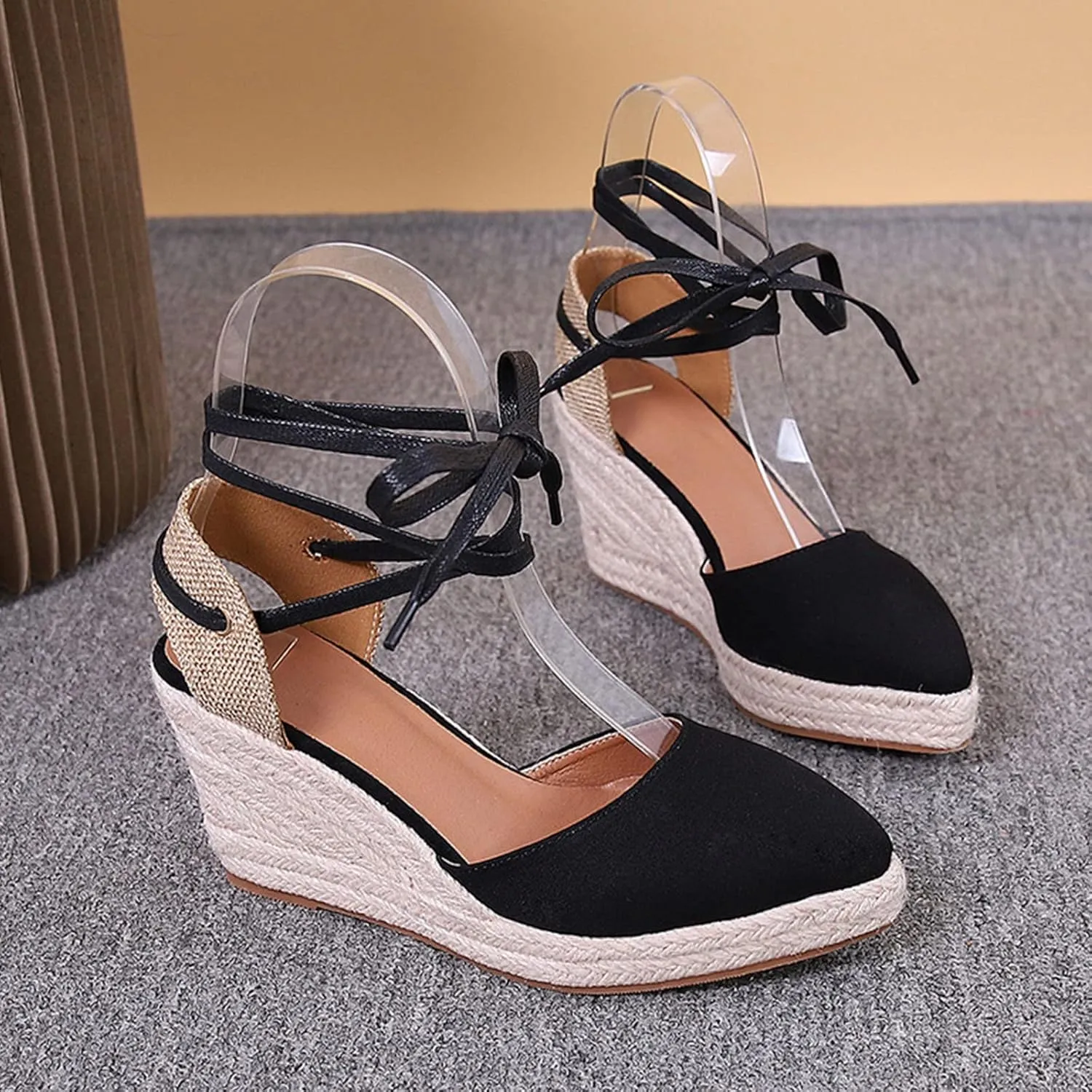 Espadrille Wedge Sandals for Women Lace Up Closed Toe Ankle Strap Nude Platform Sandals Wide Width Braided Lightweight Non-Slip Vintage Summer Sandals