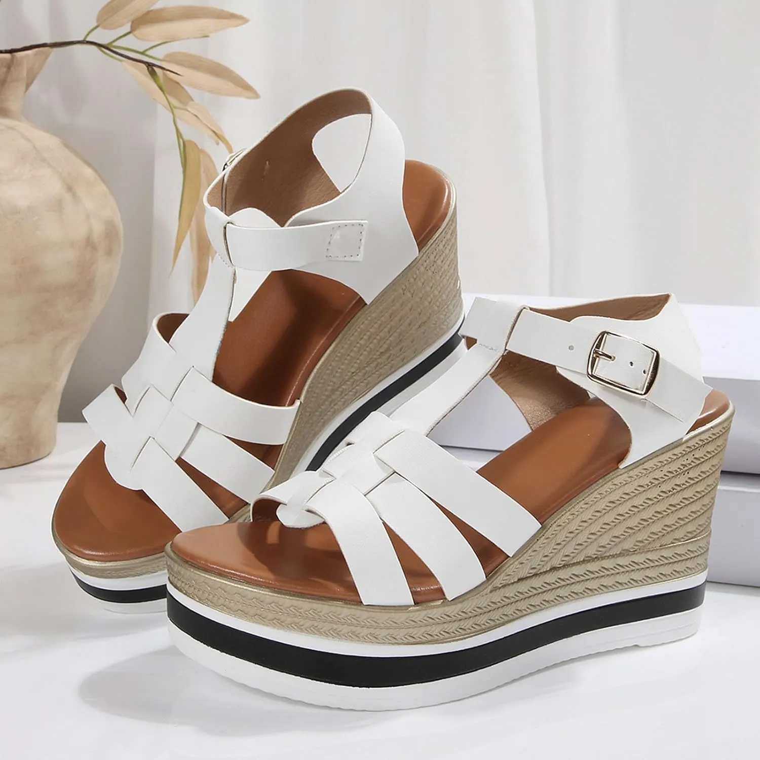 Espadrilles Platform Sandals for Womens 2025 Orthopedic Open Toe T-Strap Hollow Out Strappy Sandal Summer Arch Support Mid Wedge Heel Shoes Ladies Cushion Footbed Non-Slip Shoe for Outdoor Indoor