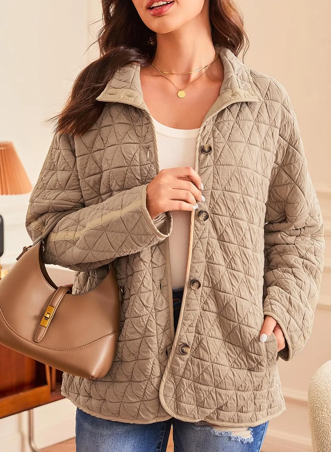 EVALESS Women's Lightweight Diamond Quilted Jacket Casual Winter Open Front Button Down Puffer Coat Outwear Cardigan