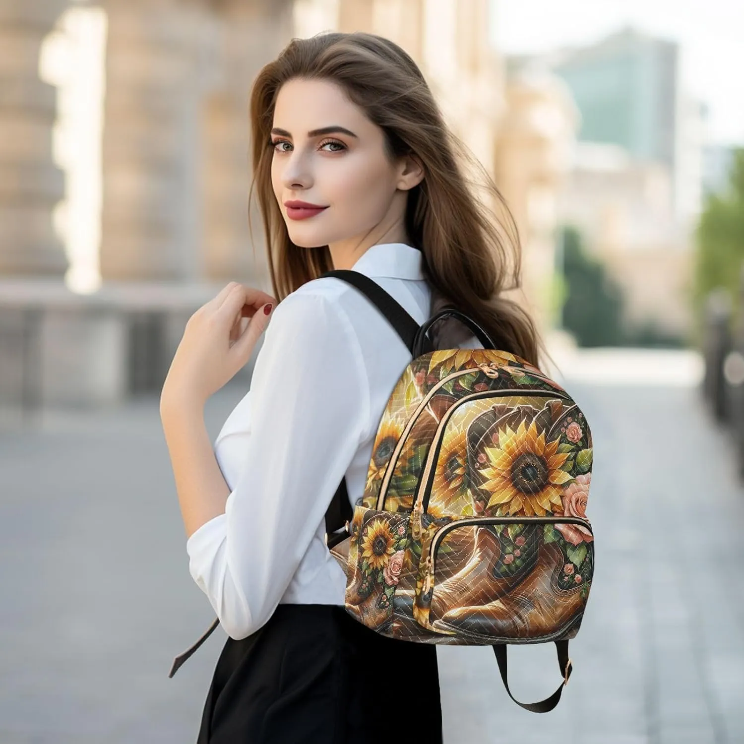 Exnundod Backpack Purse for Women Country Boots with Sunflowers, Mini Fashion Backpack Watercolor Western Cowboy Lightweight Casual Daypack Shoulder Bag Travel Backpack, S