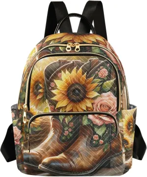 Exnundod Backpack Purse for Women Country Boots with Sunflowers, Mini Fashion Backpack Watercolor Western Cowboy Lightweight Casual Daypack Shoulder Bag Travel Backpack, S