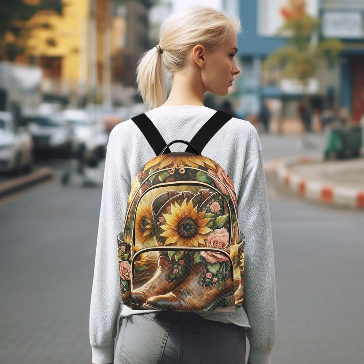 Exnundod Backpack Purse for Women Country Boots with Sunflowers, Mini Fashion Backpack Watercolor Western Cowboy Lightweight Casual Daypack Shoulder Bag Travel Backpack, S