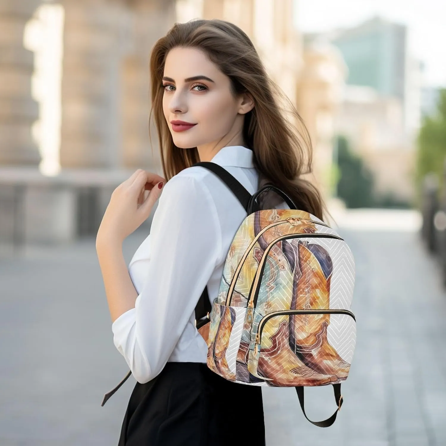 Exnundod Backpack Purse for Women Watercolor Cowboy Boots Printed, Mini Backpack Casual Backpack Western Travel Daypack,Medium