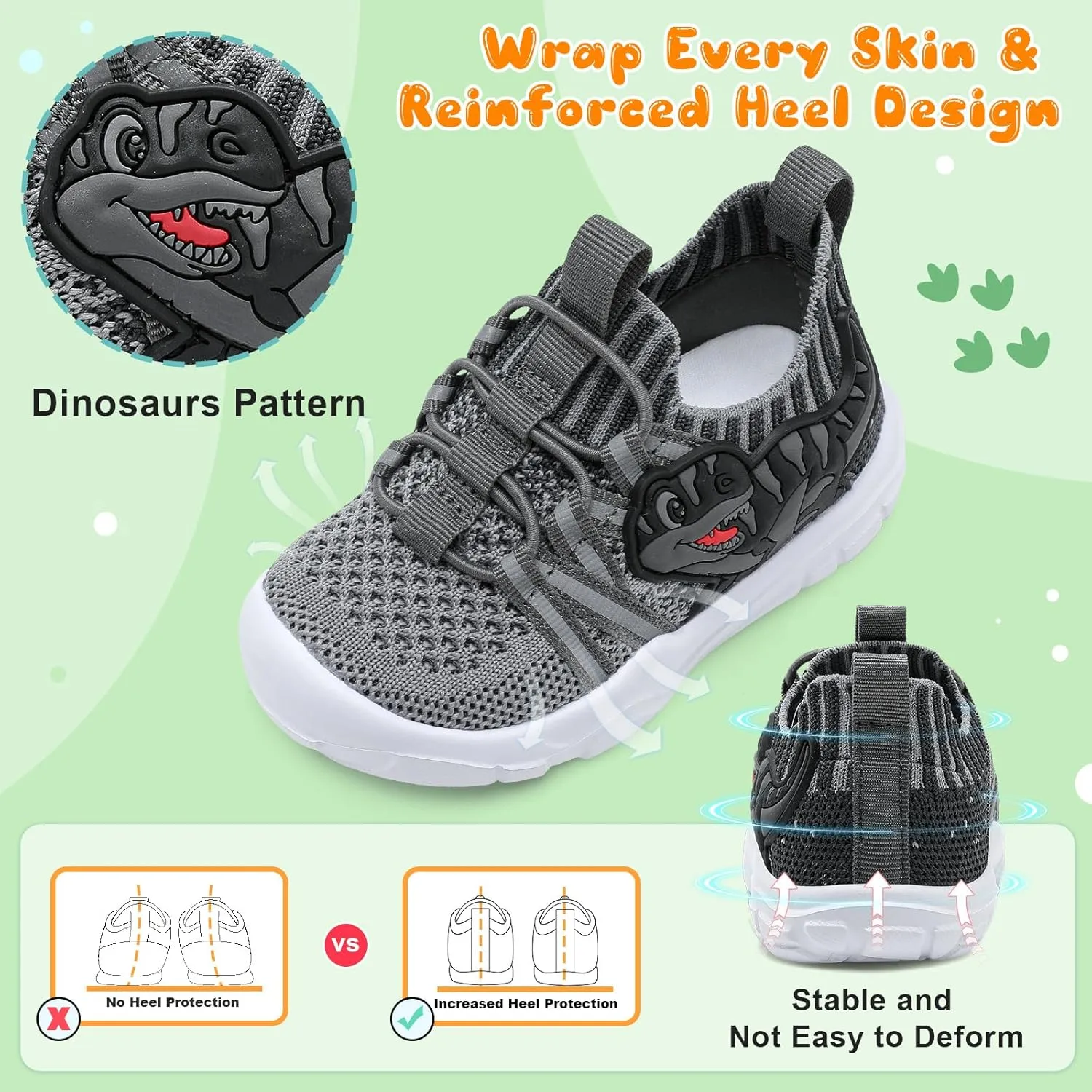 FEETCITY Toddler Shoes Boys Girls Walking Shoes Toddler Slip On Shoes Wide Kids Tennis Shoes Lightweight Toddler Dinosaur Shoes Baby Sneakers