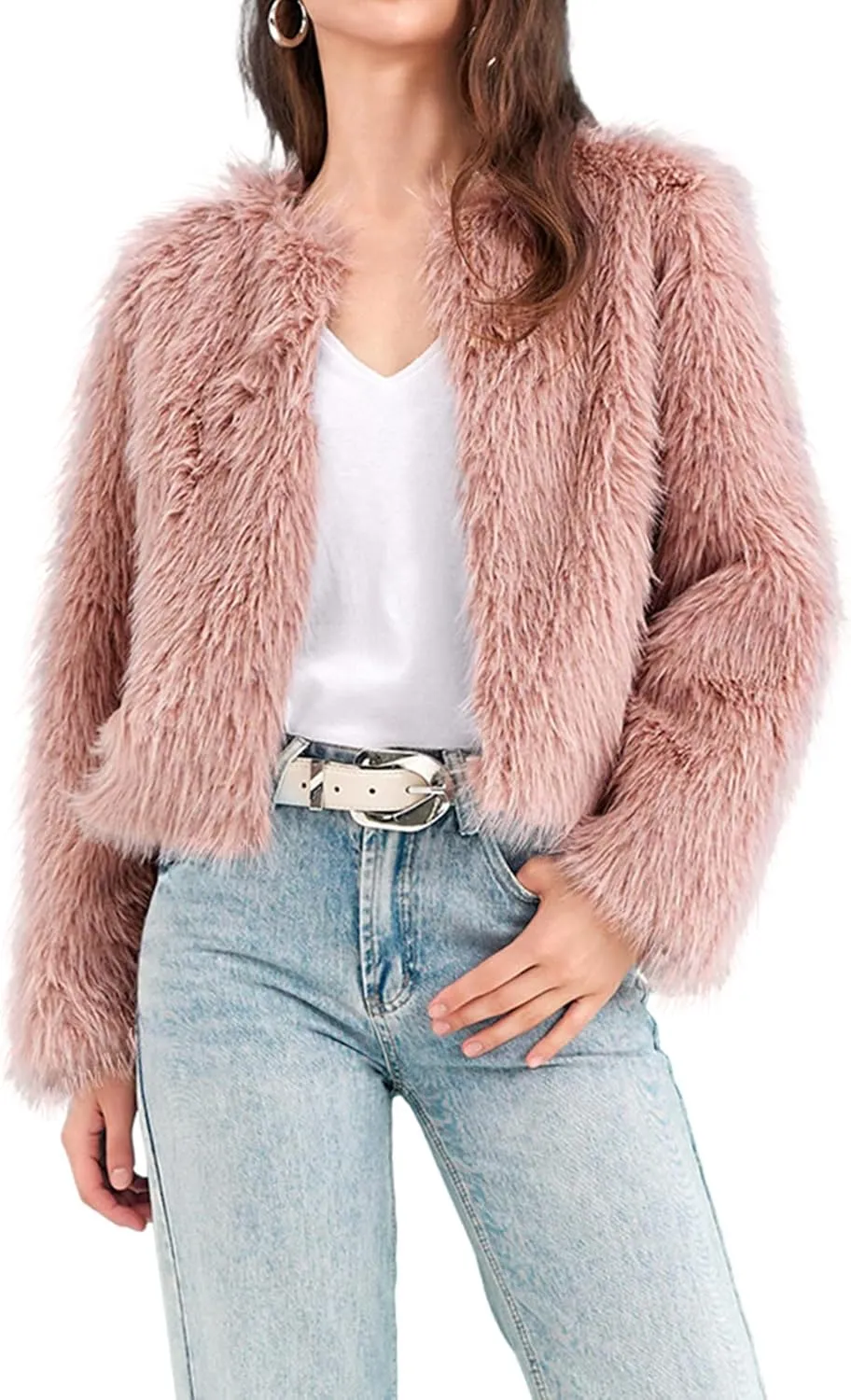 Fisoew Womens Faux Fur Coat Long Sleeve Cropped Fleece Open Front Short Jacket Outerwear