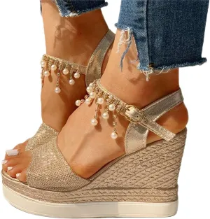 Fululuer Wedge Sandals for Women,Espadrille Sandals Women Dressy Summer Platform Ankle Buckle Sandals Summer Beach Sandals Open Toe Wide Widge Orthopedic Wide Width Sandals for Women (C-Gold, 7)