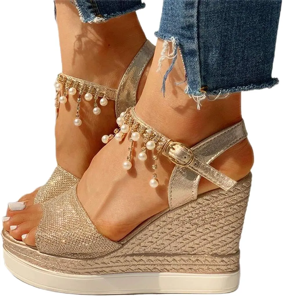 Fululuer Wedge Sandals for Women,Espadrille Sandals Women Dressy Summer Platform Ankle Buckle Sandals Summer Beach Sandals Open Toe Wide Widge Orthopedic Wide Width Sandals for Women (C-Gold, 7)