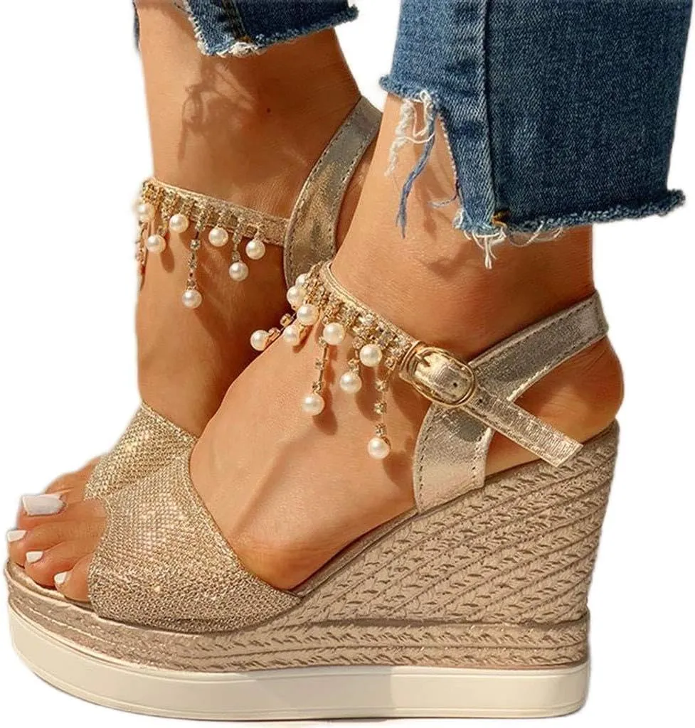 Fululuer Wedge Sandals for Women,Espadrille Sandals Women Dressy Summer Platform Ankle Buckle Sandals Summer Beach Sandals Open Toe Wide Widge Orthopedic Wide Width Sandals for Women (C-Gold, 7)