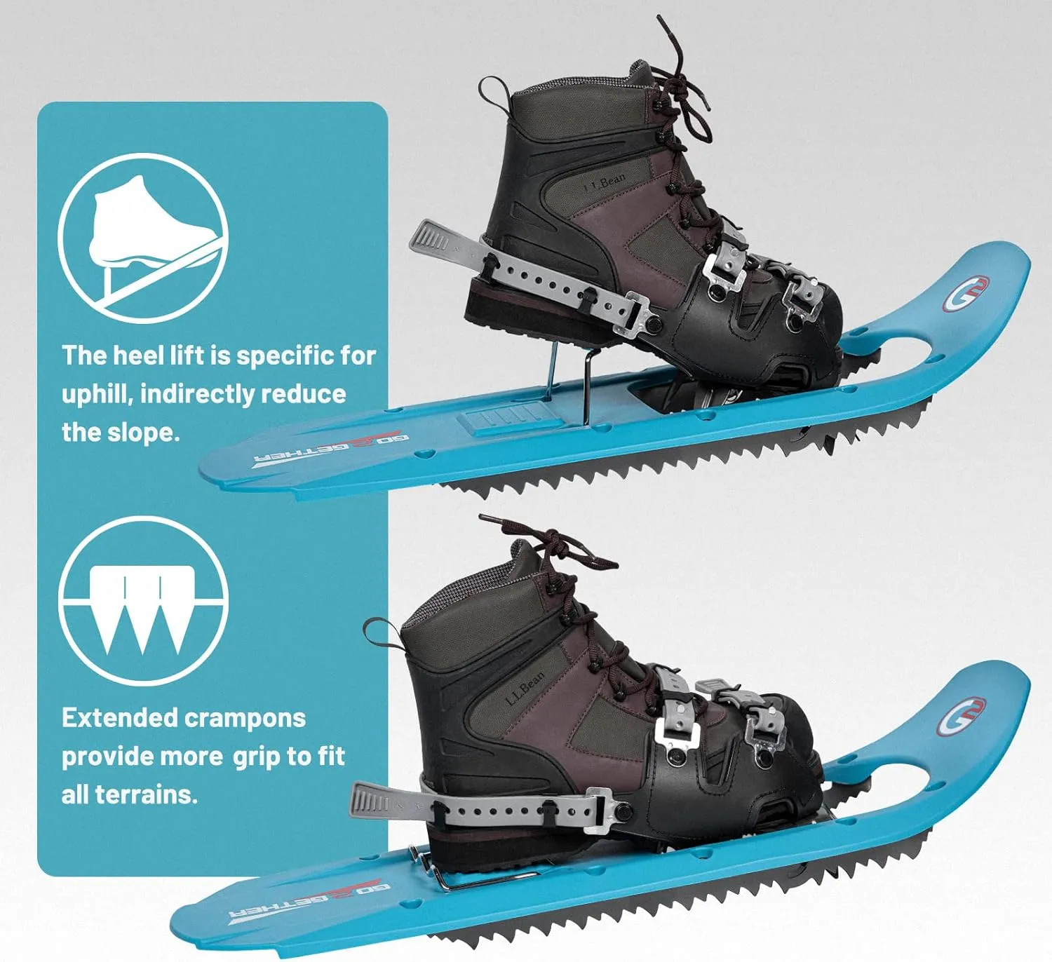 G2 23/25/30 Inch Mountain Terrain Snowshoes with Trekking Poles Set, Special Steel Traction Rails, EVA Foam Padded, Flexible Pivot Bar, Tote Bag, Grey/Blue/Red Available