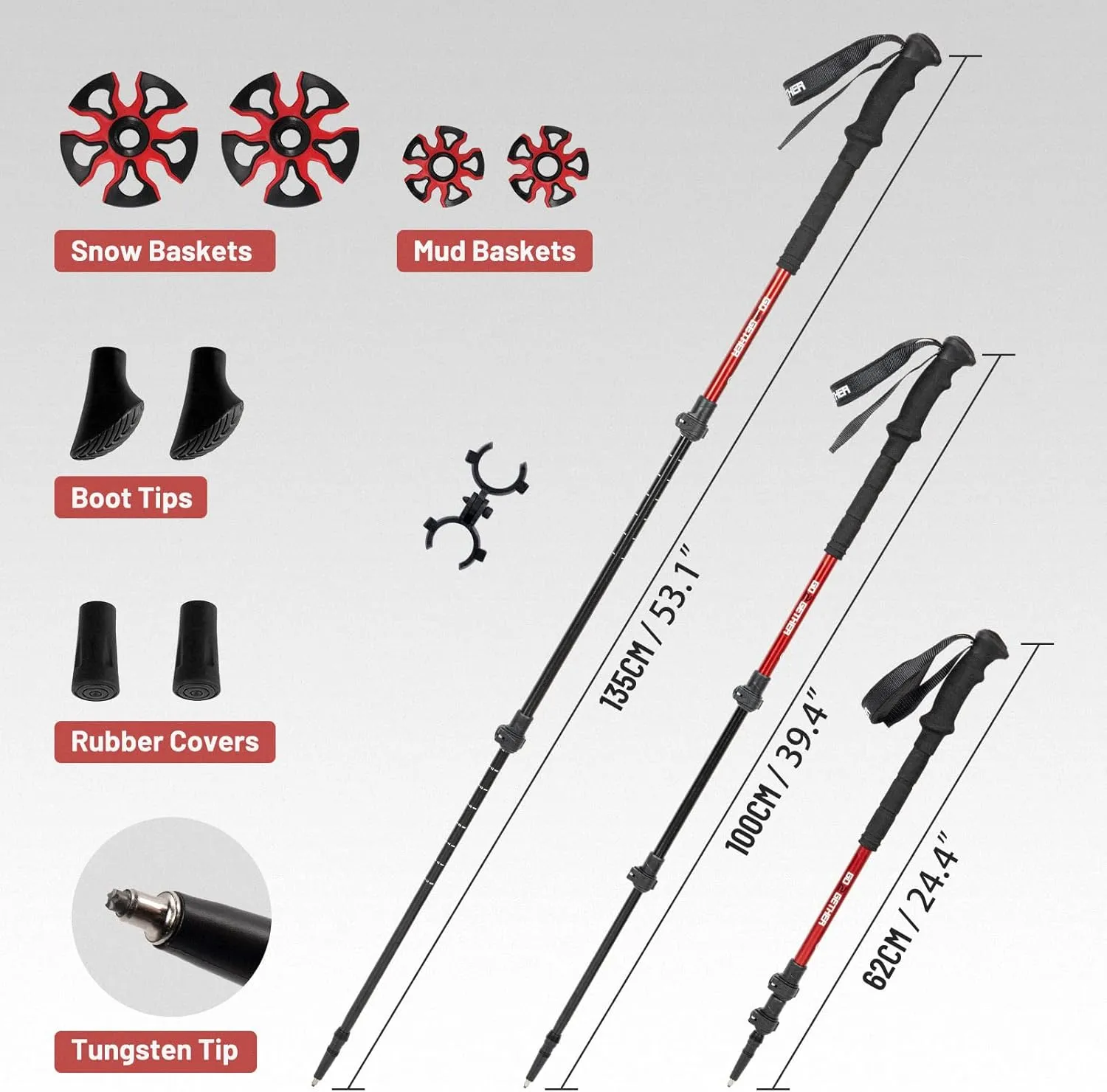 G2 23/25/30 Inch Mountain Terrain Snowshoes with Trekking Poles Set, Special Steel Traction Rails, EVA Foam Padded, Flexible Pivot Bar, Tote Bag, Grey/Blue/Red Available