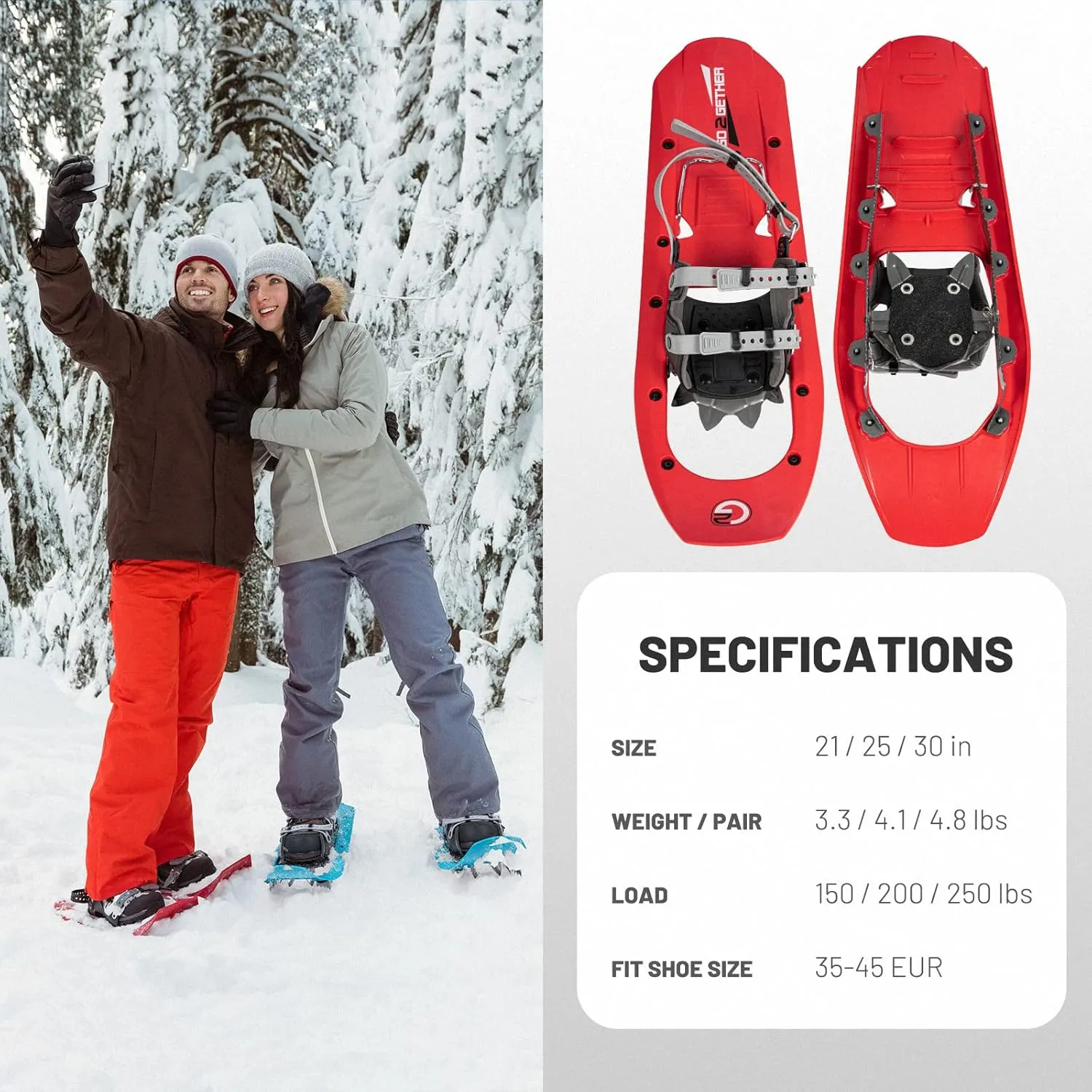 G2 23/25/30 Inch Mountain Terrain Snowshoes with Trekking Poles Set, Special Steel Traction Rails, EVA Foam Padded, Flexible Pivot Bar, Tote Bag, Grey/Blue/Red Available