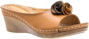 GC Shoes Womens Wedge Sandals, Open Toe Mid Heel Platform, Comfy Vegan Leather Flower Strap Thong, Flora