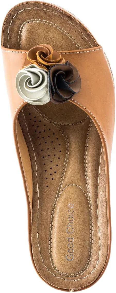 GC Shoes Womens Wedge Sandals, Open Toe Mid Heel Platform, Comfy Vegan Leather Flower Strap Thong, Flora