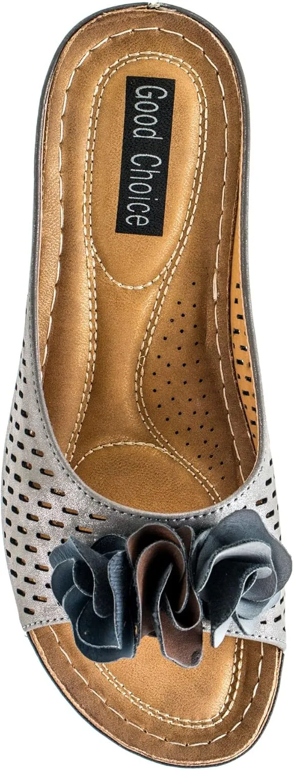 GC Shoes Womens Wedge Sandals, Open Toe Mid Heel Platform, Comfy Vegan Leather Flower Strap Thong, Flora