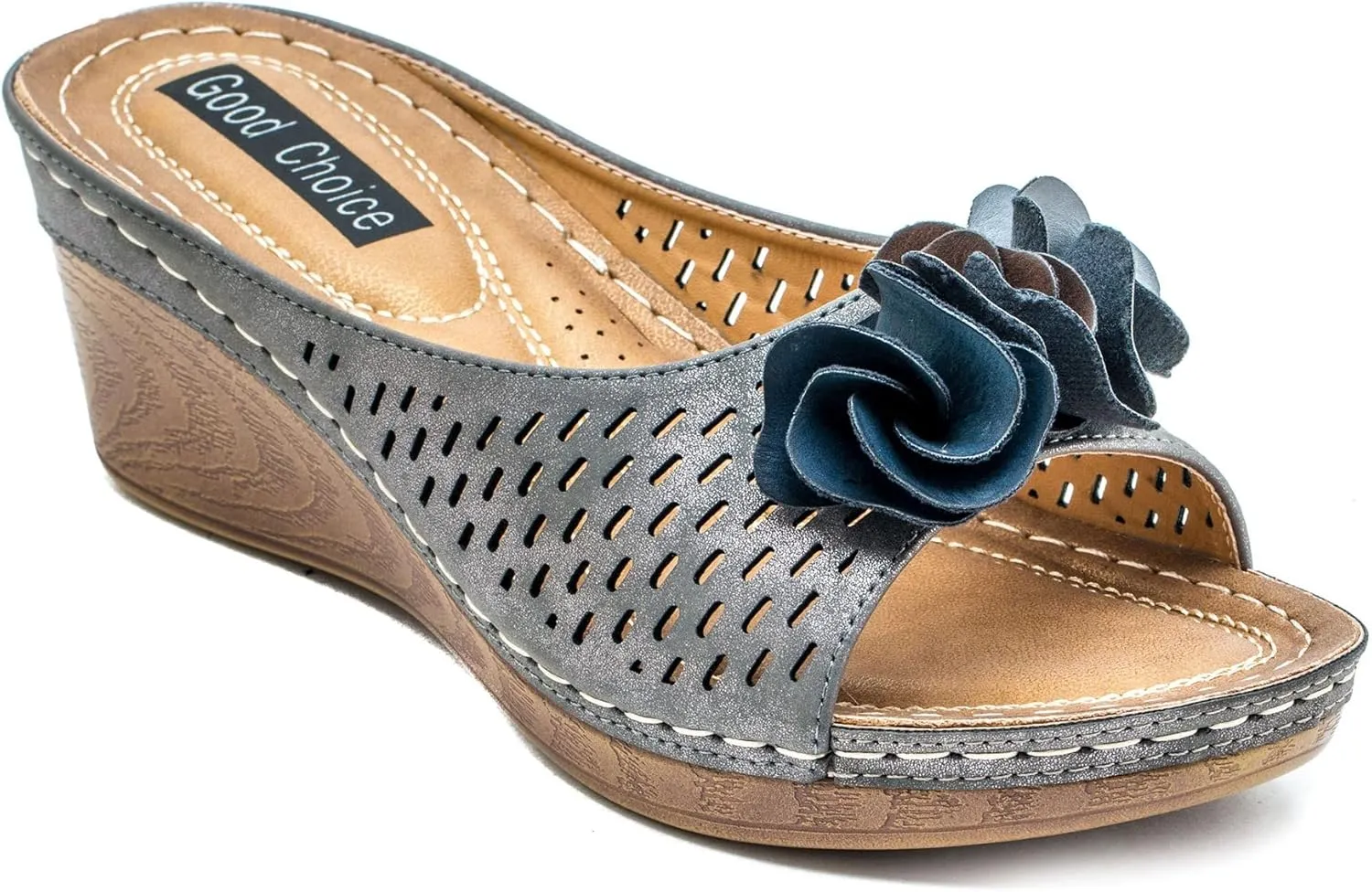 GC Shoes Womens Wedge Sandals, Open Toe Mid Heel Platform, Comfy Vegan Leather Flower Strap Thong, Flora