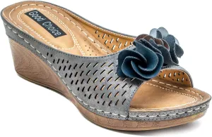 GC Shoes Womens Wedge Sandals, Open Toe Mid Heel Platform, Comfy Vegan Leather Flower Strap Thong, Flora