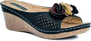 GC Shoes Womens Wedge Sandals, Open Toe Mid Heel Platform, Comfy Vegan Leather Flower Strap Thong, Flora