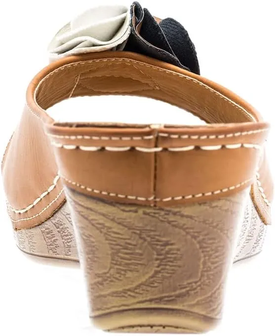 GC Shoes Womens Wedge Sandals, Open Toe Mid Heel Platform, Comfy Vegan Leather Flower Strap Thong, Flora