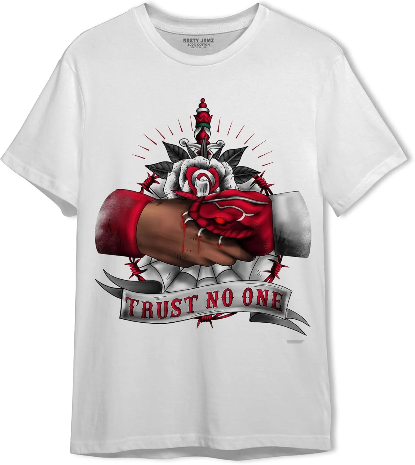 Generic Trust No One Old School T-Shirt to Match 12s Retro Red Taxi - Sneaker Matching Shirt, Unisex Tee Match Sneakers, Urban Streetwear Clothing, Sneaker Graphic Tees Design Printed, White/Black