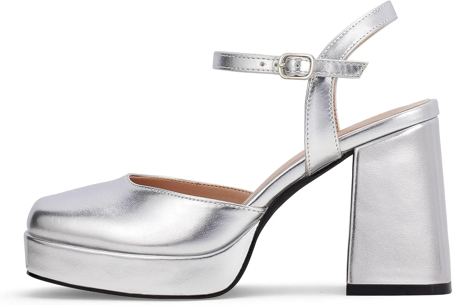 GENSHUO Platform Chunky Heels for Women Block Heel Sandals- 4 inches Closed Square Toe Ankle Strap Buckle Wedding Party Prom Dress Pump Shoes