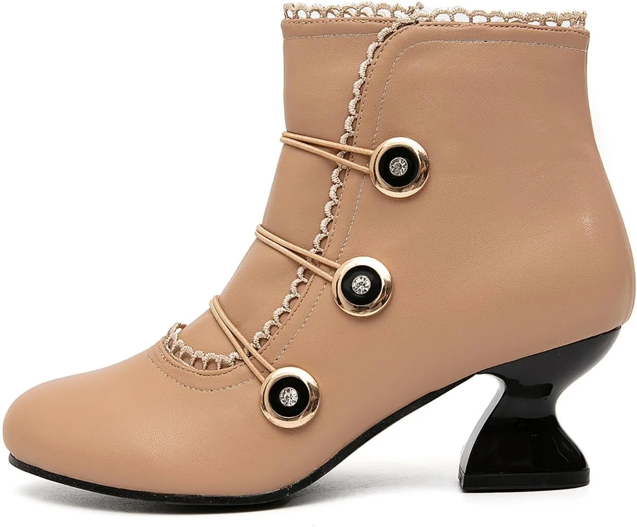 getmorebeauty Women's Ankle Boots Low Heels Lace Buttons Round Toe Side Zipper Vintage Short Boots Autumn Winter
