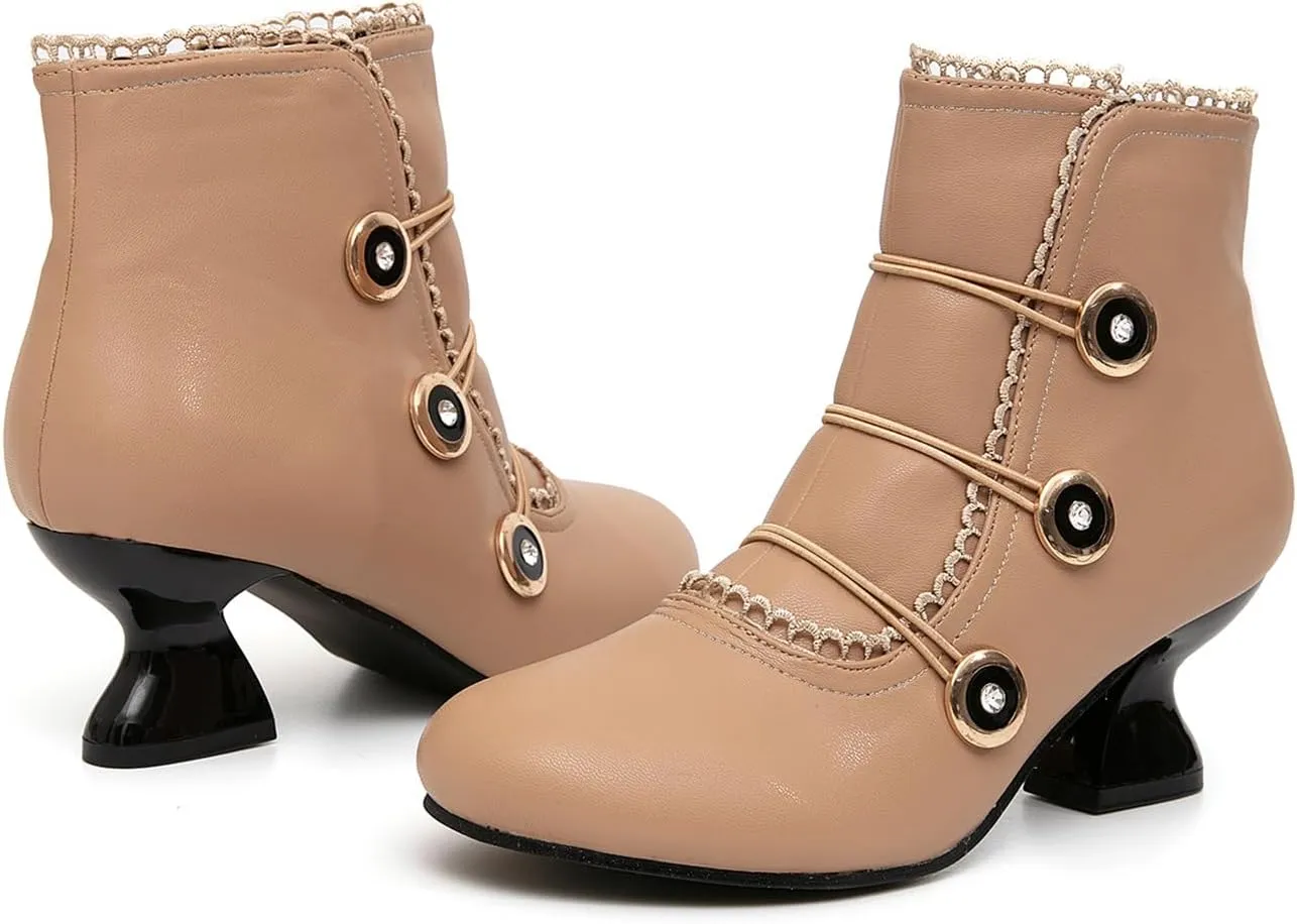 getmorebeauty Women's Ankle Boots Low Heels Lace Buttons Round Toe Side Zipper Vintage Short Boots Autumn Winter