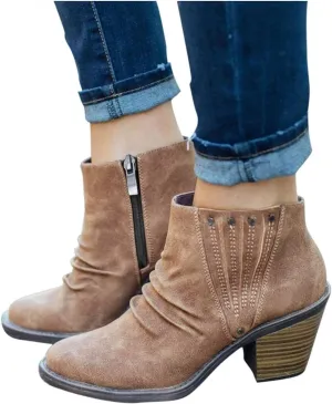 Gibobby Ankle Booties for Women Flat Heel,Women's Round Toe Faux Suede Stacked Heel Side Zipper Western Shoes Ankle Boots