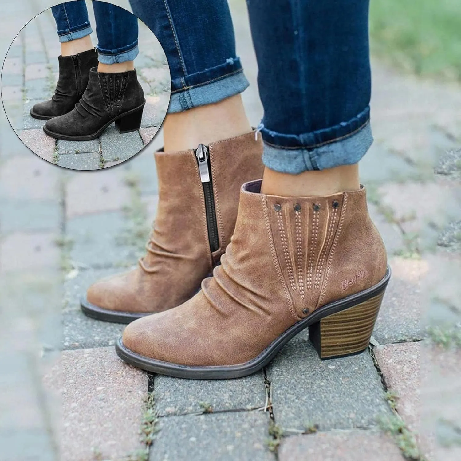 Gibobby Ankle Booties for Women Flat Heel,Women's Round Toe Faux Suede Stacked Heel Side Zipper Western Shoes Ankle Boots