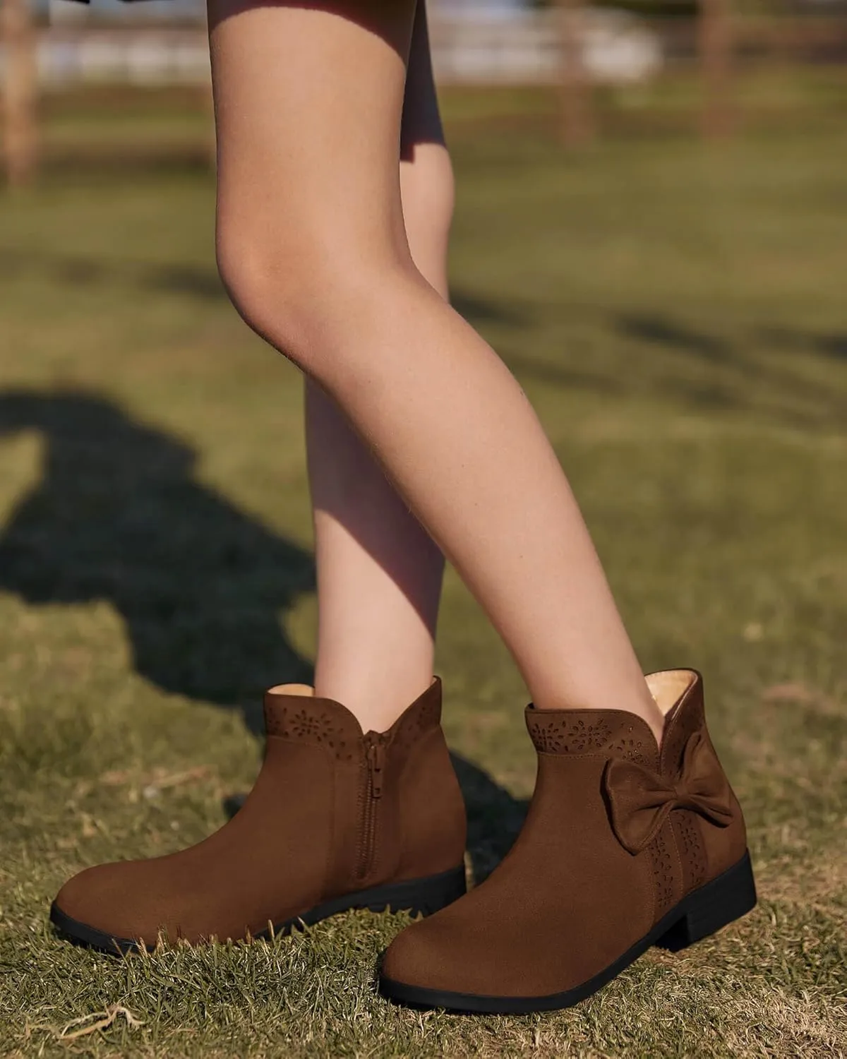 Girls Kids Bow Knot Ankle Boots Faux Suede V Cutout Low Stacked Heel Side Zipper Chelsea Shoes