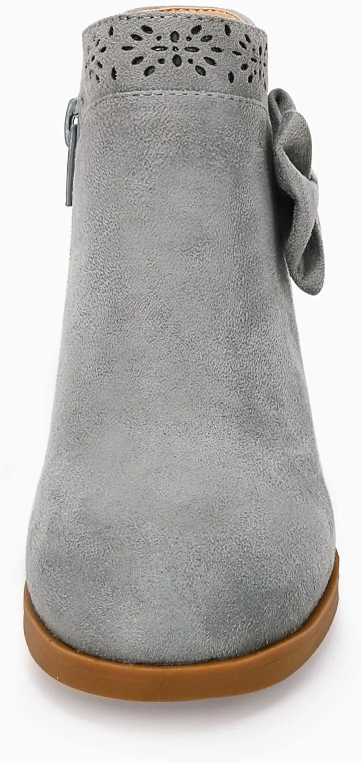 Girls Kids Bow Knot Ankle Boots Faux Suede V Cutout Low Stacked Heel Side Zipper Chelsea Shoes