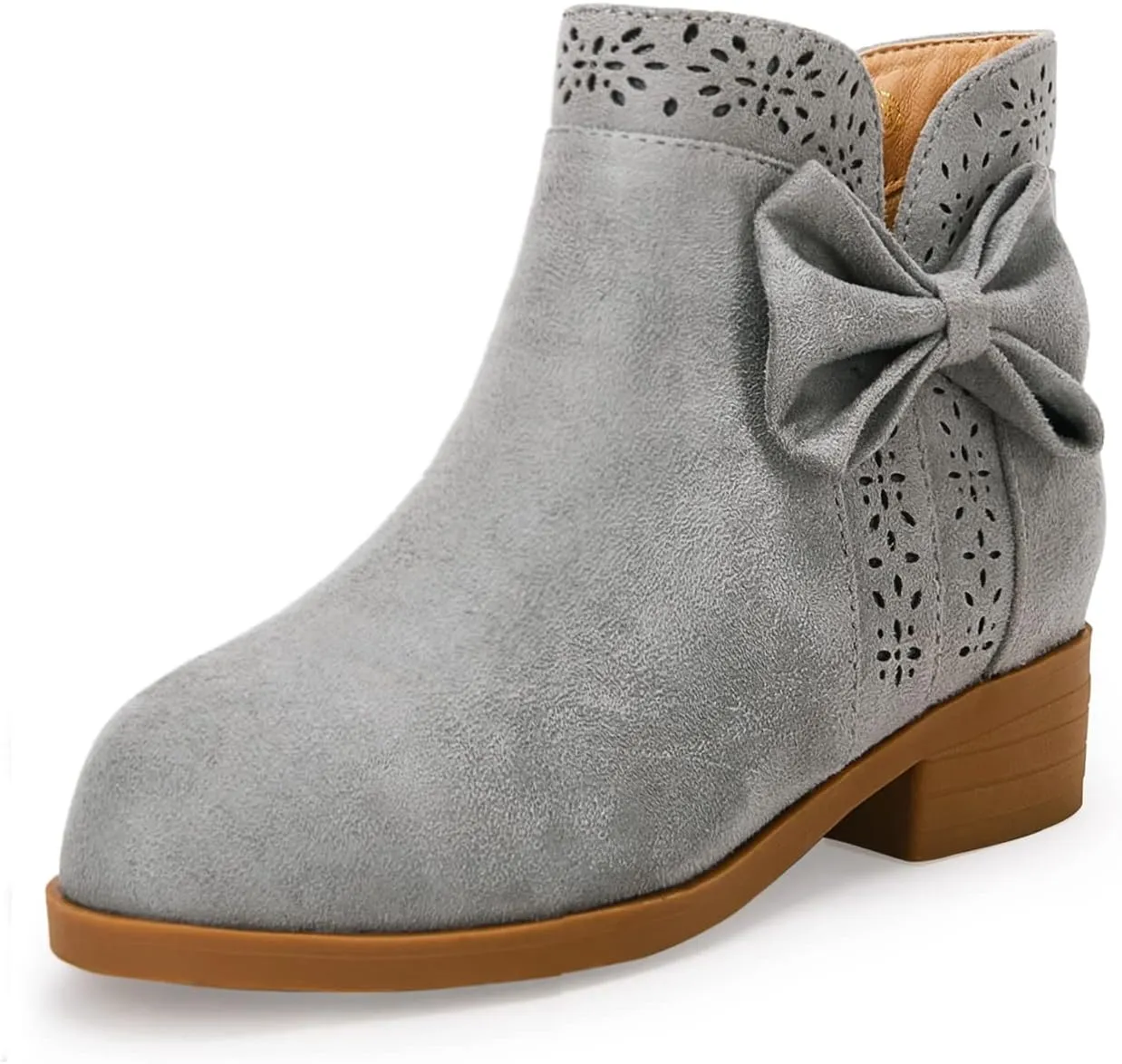 Girls Kids Bow Knot Ankle Boots Faux Suede V Cutout Low Stacked Heel Side Zipper Chelsea Shoes