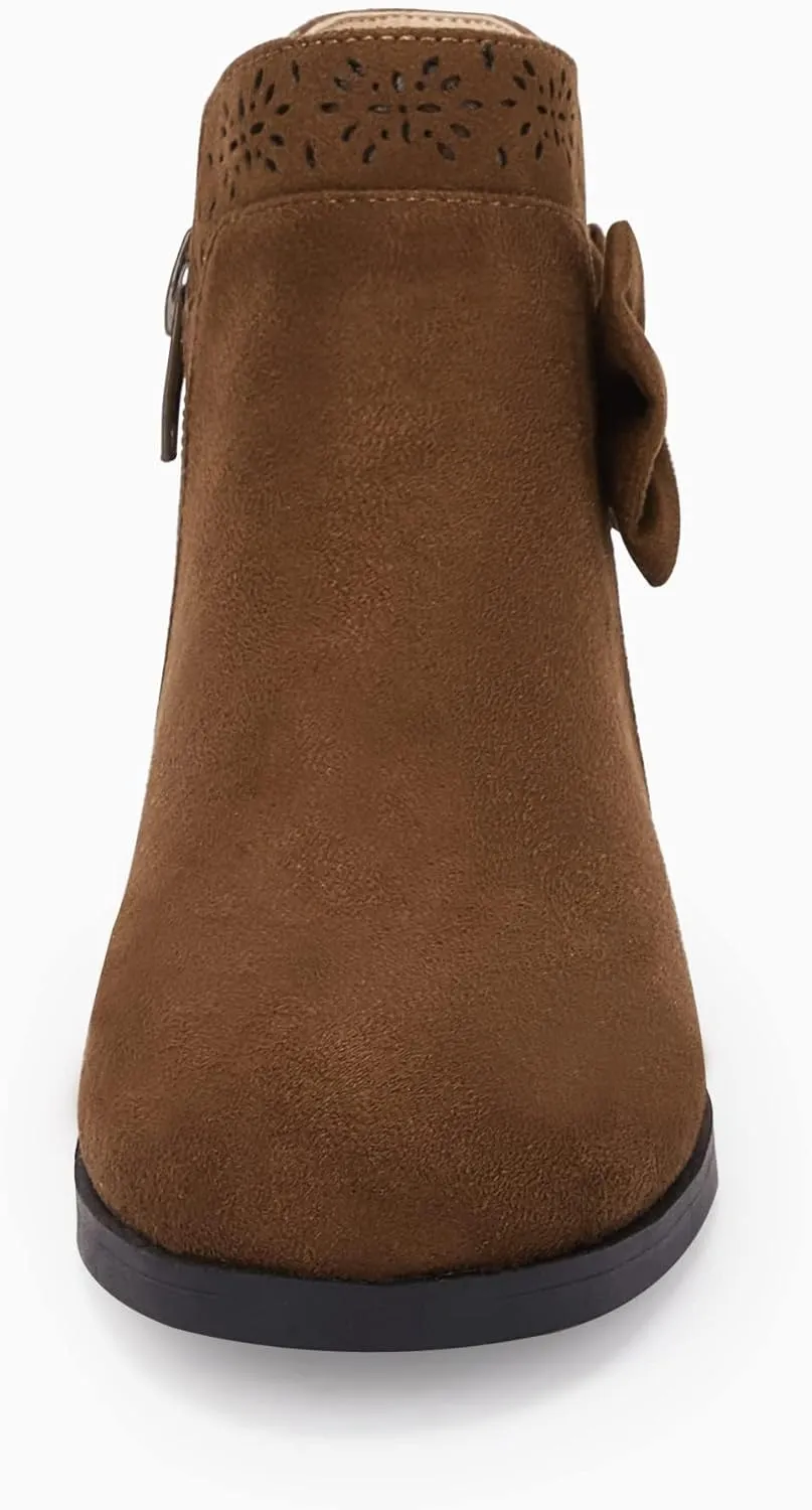 Girls Kids Bow Knot Ankle Boots Faux Suede V Cutout Low Stacked Heel Side Zipper Chelsea Shoes