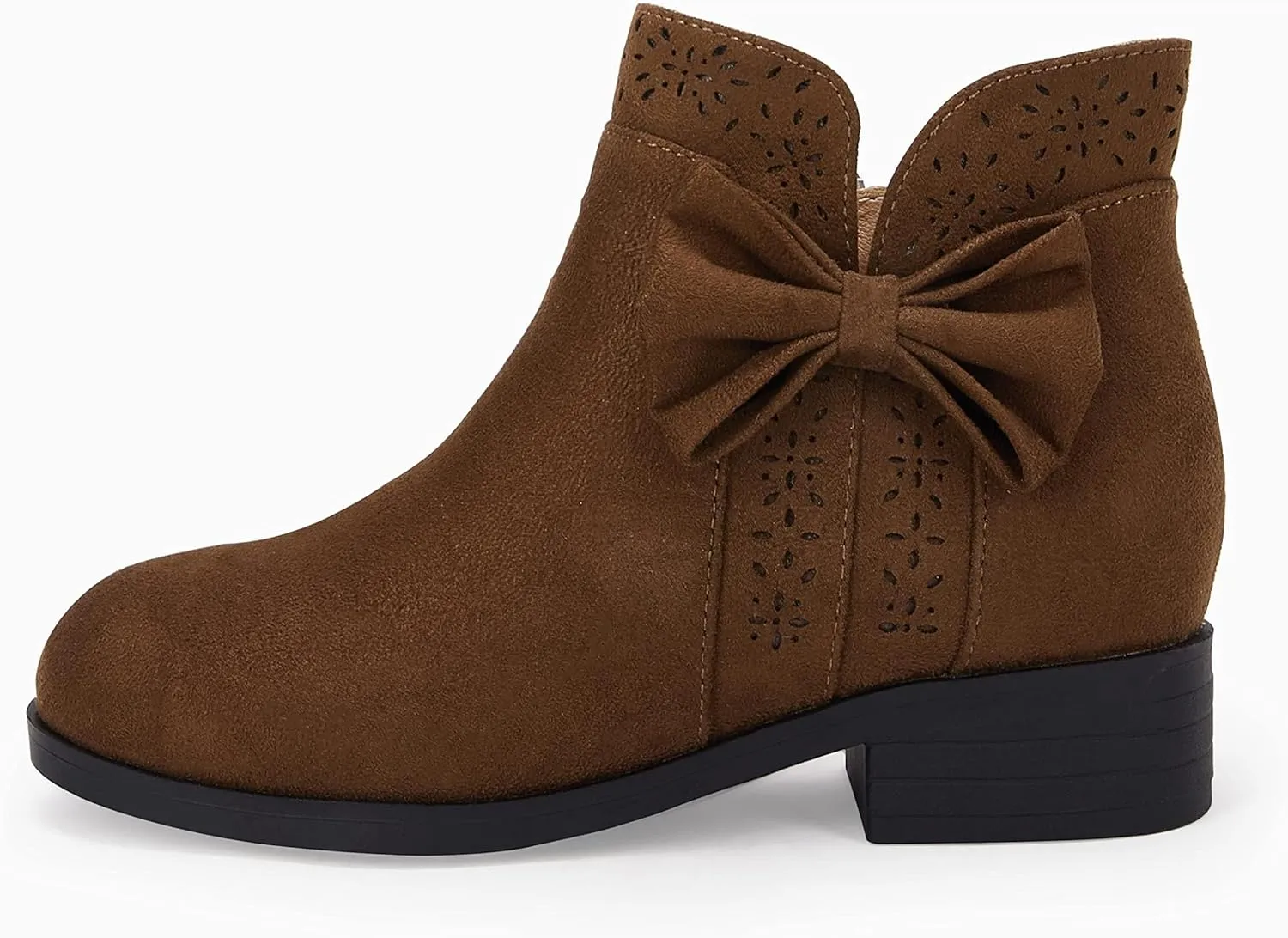 Girls Kids Bow Knot Ankle Boots Faux Suede V Cutout Low Stacked Heel Side Zipper Chelsea Shoes