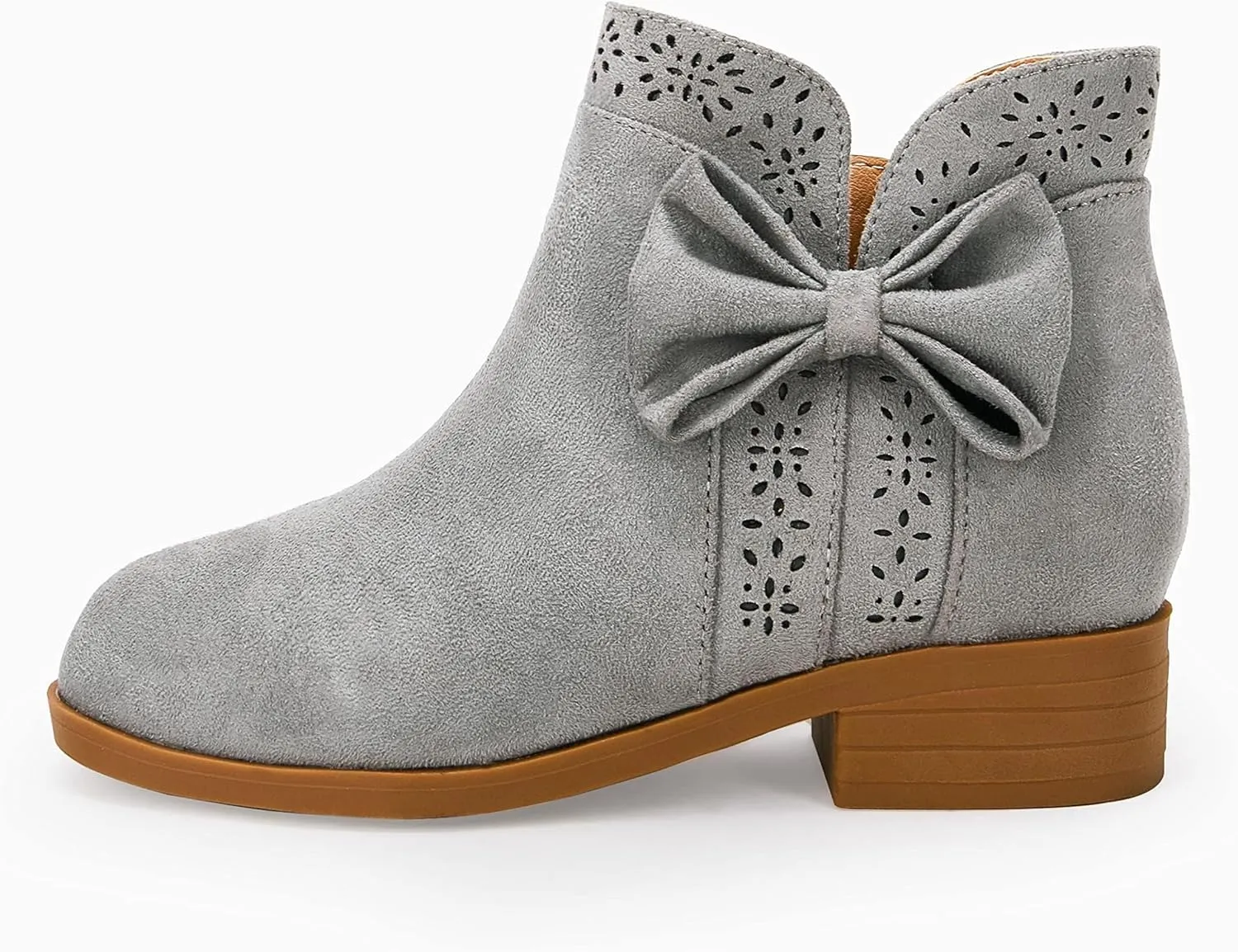 Girls Kids Bow Knot Ankle Boots Faux Suede V Cutout Low Stacked Heel Side Zipper Chelsea Shoes