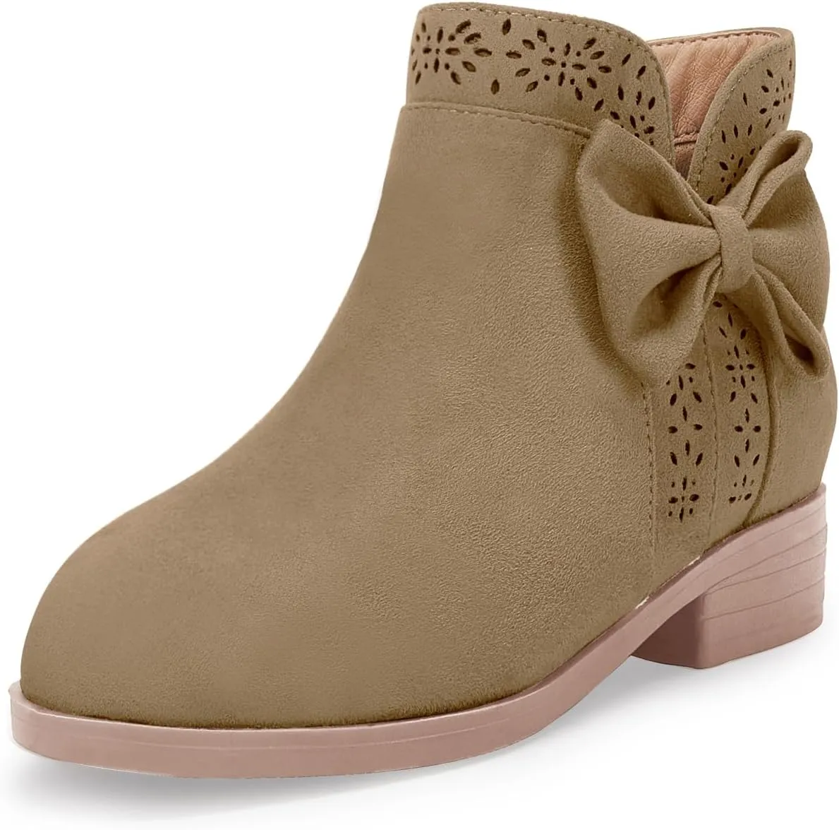 Girls Kids Bow Knot Ankle Boots Faux Suede V Cutout Low Stacked Heel Side Zipper Chelsea Shoes