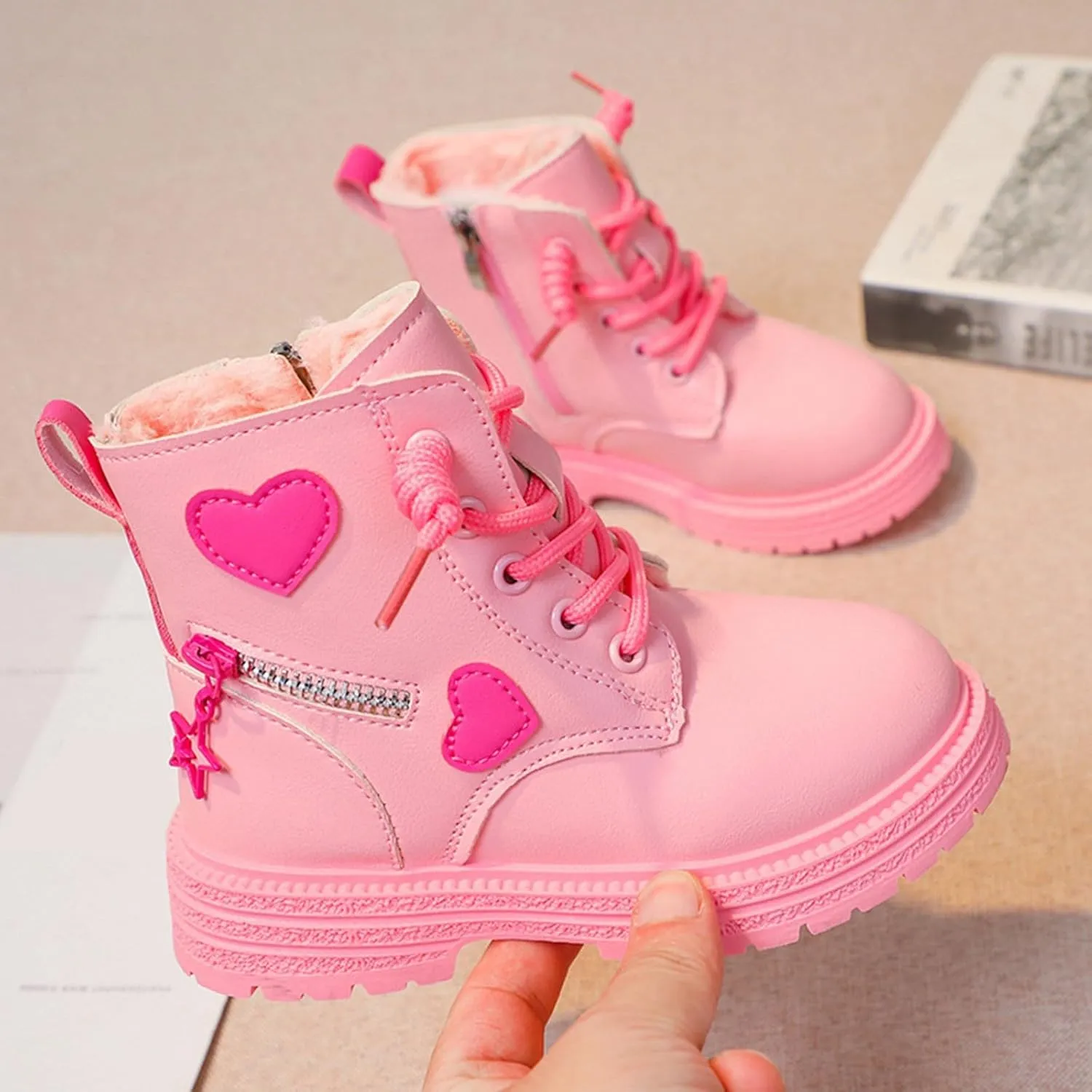 Girls Winter Boots With Soft Sole, Side Zip, Heart Design - Fashion Princess Combat Leather Boots