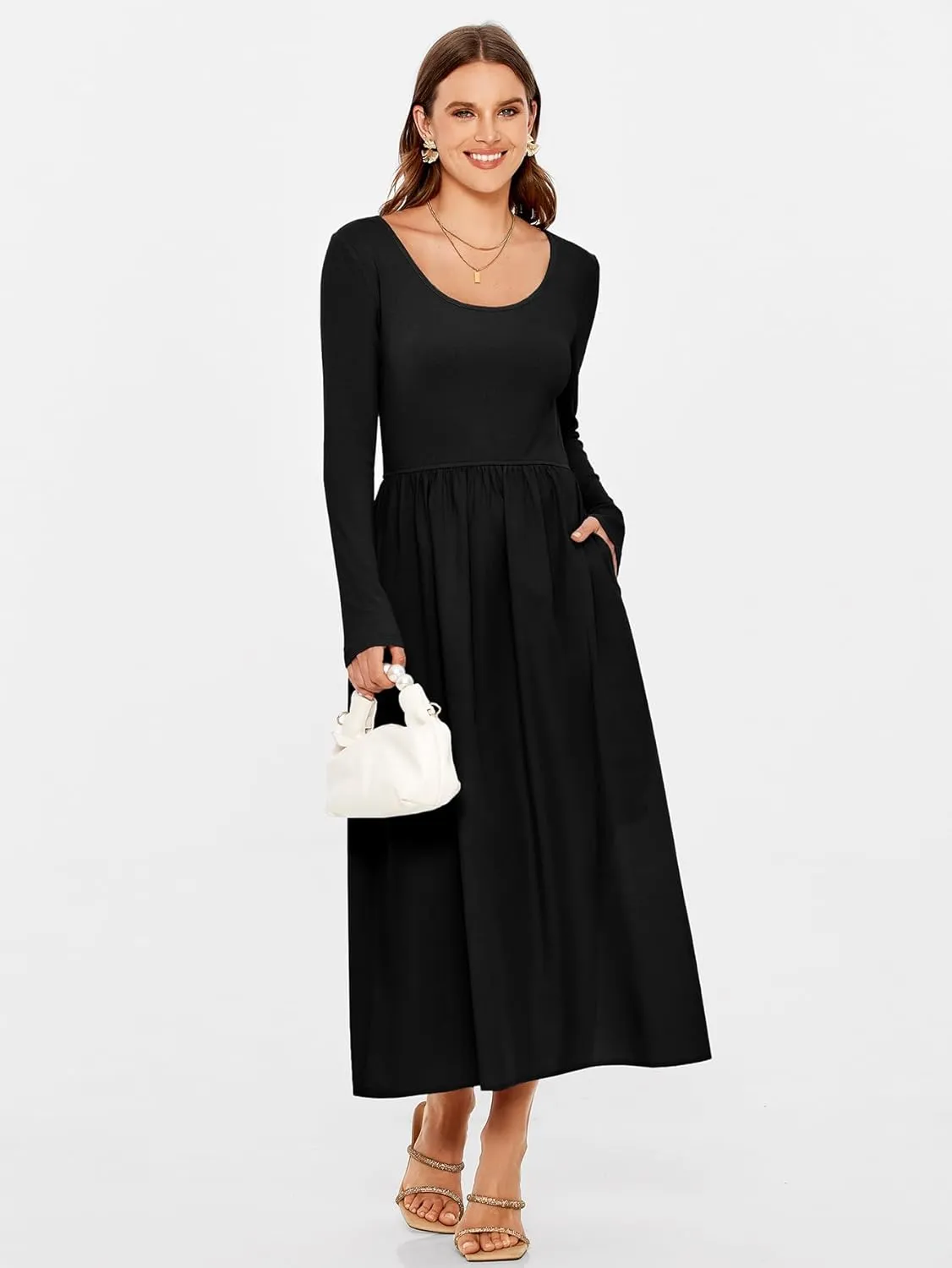 Glamaker Womens Long Sleeve Midi Dress 2025 Spring Wedding Guest Dress Casual HOCO A Line Holiday Dress with Pockets