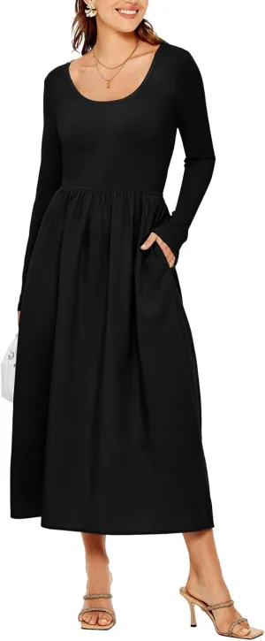 Glamaker Womens Long Sleeve Midi Dress 2025 Spring Wedding Guest Dress Casual HOCO A Line Holiday Dress with Pockets